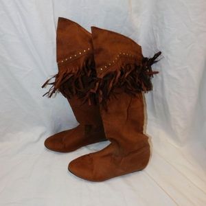 Brown Suede Western Fringe Knee-High Boots (Size 6.5 Women's)